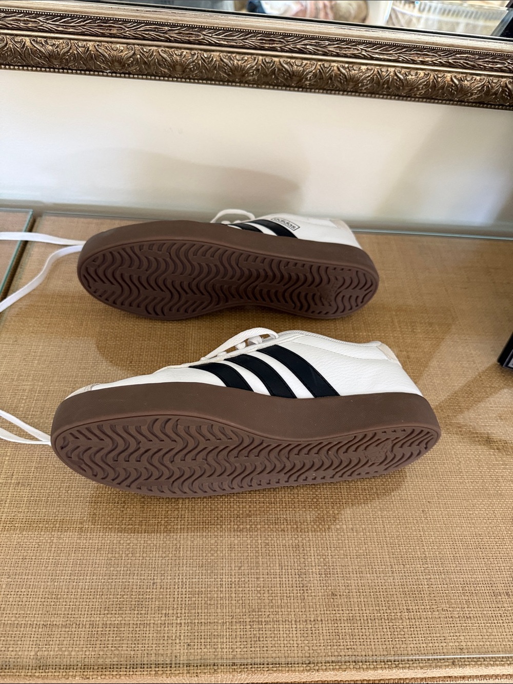 adidas White Sneakers with Black Stripes and Brown Gum Sole - Picture 4 of 4